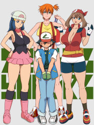 Rule 34 | 1boy, 3girls, adapted costume, age difference, aged up, ash ketchum, asymmetrical hair, bandana, bare legs, baseball cap, beanie, bike shorts, black hair, blue eyes, blue hair, blush, boots, breasts, brown hair, cleavage, cowboy shot, creatures (company), curvy, dawn (pokemon), denim, denim shorts, game freak, glamour works, gloves, green eyes, green hair, gym leader, hair ornament, hat, height difference, hetero, highres, huge breasts, large breasts, legs, legs together, lento, lento (glamour works), long hair, looking at viewer, may (pokemon), miniskirt, misty (pokemon), multiple girls, navel, nintendo, nipples, onee-shota, open mouth, orange hair, pants, pink footwear, pokemon, pokemon (anime), pokemon (classic anime), pokemon dppt (anime), pokemon rse (anime), ponytail, red hair, red scarf, scarf, shirt, shoes, short hair, short shorts, shorts, side ponytail, simple background, size difference, skirt, sleeveless, smile, sneakers, socks, solo, standing, suspenders, tank top, thick thighs, thighs, underboob, underwear, unzipped, wide hips, yellow shirt, yellow tank top