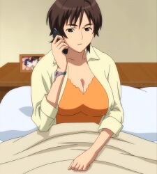 Rule 34 | 1girl, amaha masane, bed, blanket, breasts, brown eyes, brown hair, cleavage, frown, highres, large breasts, medium breasts, phone, photo (object), screencap, short hair, solo, stitched, third-party edit, witchblade