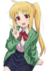 Rule 34 | 1girl, absurdres, ahoge, blonde hair, blue skirt, bocchi the rock!, bow, brown eyes, collared shirt, fankupl, green jacket, highres, ijichi nijika, jacket, long hair, looking at viewer, open mouth, pleated skirt, red bow, school uniform, shirt, side ponytail, simple background, skirt, smile, v, white shirt