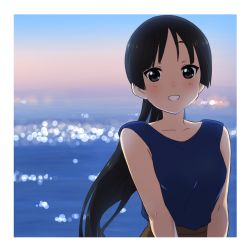 Rule 34 | 1girl, akiyama mio, black eyes, black hair, border, clothing request, commentary request, eyebrows hidden by hair, highres, k-on!, kicchi (tmgk), lens flare, light blush, long hair, looking at viewer, ocean, outdoors, ponytail, smile, solo, sunset, teeth, upper body, white border