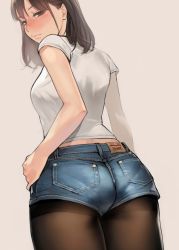 Rule 34 | 1girl, absurdres, arm at side, ass, beige background, black pantyhose, blush, breasts, brown eyes, brown hair, brown pantyhose, closed mouth, commentary request, cowboy shot, denim, denim shorts, from behind, grey shirt, half-closed eyes, hand on own hip, highres, pantyhose under shorts, light frown, lips, looking back, medium hair, nose blush, original, pantyhose, pantylines, pocket, shirt, short shorts, short sleeves, shorts, simple background, small breasts, solo, standing, yomu (sgt epper)