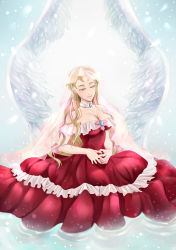 Rule 34 | 1girl, angel wings, blonde hair, breasts, choker, cleavage, closed eyes, collarbone, crying, dress, erina pendleton, jojo no kimyou na bouken, koya-102, large breasts, partially submerged, red dress, smile, solo, strapless, strapless dress, streaming tears, tears, veil, wings
