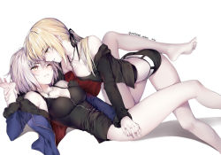 Rule 34 | 2girls, artoria pendragon (all), artoria pendragon (fate), barefoot, blonde hair, breasts, cleavage, eye contact, fate/grand order, fate (series), fur trim, hair ribbon, highres, holding another&#039;s wrist, jacket, jeanne d&#039;arc (fate), jeanne d&#039;arc (ruler) (fate), jeanne d&#039;arc alter (fate), jeanne d&#039;arc alter (ver. shinjuku 1999) (fate), long hair, looking at another, md5 mismatch, medium breasts, multiple girls, obiwan, off shoulder, official alternate costume, one eye closed, pale skin, resolution mismatch, ribbon, saber (fate), saber alter, saber alter (ver. shinjuku 1999) (fate), short shorts, shorts, small breasts, source larger, twitter username, white background, yellow eyes, yuri