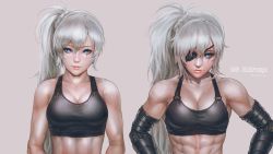 Rule 34 | 2girls, abs, absurdres, aged up, black tank top, blue eyes, breasts, cleavage, commentary, copyright name, crop top, dual persona, english commentary, eyepatch, highres, kuon (kwonchanji), long hair, mechanical arms, medium breasts, midriff, multiple girls, muscular arms, prosthesis, prosthetic arm, rwby, scar, scar across eye, scar on face, side ponytail, silver hair, smile, tank top, weiss schnee