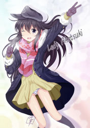 Rule 34 | 10s, 1girl, akatsuki (kancolle), black gloves, black hair, casual, contemporary, dress, gloves, hat, jacket, kantai collection, long hair, looking at viewer, one eye closed, open mouth, panties, purple eyes, scarf, sideways hat, smile, solo, striped clothes, striped panties, underwear, v, yamasaki wataru, yellow dress