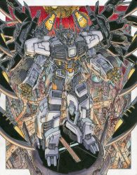 Rule 34 | alex milne, autobot, city, commentary, commission, cybertron, english commentary, highres, looking at viewer, looking up, mecha, mechanical wings, no humans, nova prime, open hands, robot, science fiction, solo, the transformers (idw), traditional media, transformers, v-fin, wings