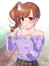 Rule 34 | 1girl, blush, breasts, brown hair, commentary request, frown, hair ornament, hair scrunchie, highres, idolmaster, idolmaster cinderella girls, igarashi kyoko, jewelry, looking at viewer, medium breasts, natsuya (natuya777), necklace, off-shoulder shirt, off shoulder, open mouth, purple shirt, scrunchie, shirt, side ponytail, solo, upper body, yellow eyes