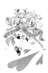 Rule 34 | 1girl, basket, bloomers, bread, chaos marie (grimms notes), cleavage cutout, clothing cutout, cupcake, doughnut, dress, food, frills, full body, greyscale, grimms notes, hair ribbon, highres, holding, holding basket, jewelry, long hair, monochrome, necklace, nekokari (uramesi999), one eye closed, open mouth, pendant, puffy short sleeves, puffy sleeves, ribbon, running, shoes, short sleeves, smile, solo, teeth, underwear, upper teeth only, wand, weapon, wings