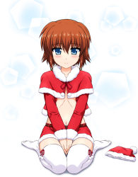 Rule 34 | 1girl, absurdres, blue eyes, blush, brown hair, capelet, christmas, closed mouth, commentary request, enma702, full body, fur-trimmed capelet, fur-trimmed jacket, fur-trimmed shorts, fur trim, hat, highres, jacket, looking at viewer, lyrical nanoha, mahou shoujo lyrical nanoha innocent, navel, no shirt, red capelet, red hat, red jacket, red shorts, ribs, santa costume, santa hat, short shorts, shorts, shrug (clothing), sitting, smile, solo, stern the destructor, thighhighs, unworn hat, unworn headwear, v arms, wariza, white background, white thighhighs