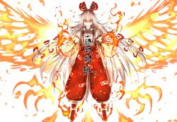 Rule 34 | &gt;:), 1girl, arm garter, bad id, bad pixiv id, baggy pants, blunt bangs, bow, character name, dress shirt, fiery wings, fire, fujiwara no mokou, full body, hair bow, highres, kankan33333, long hair, looking at viewer, ofuda, orange eyes, pants, parted lips, puffy short sleeves, puffy sleeves, red footwear, red pants, shaded face, shirt, shoes, short sleeves, silver hair, smile, solo, spread wings, standing, suspenders, torn clothes, torn sleeves, touhou, translation request, tsurime, v-shaped eyebrows, very long hair, white shirt, wings