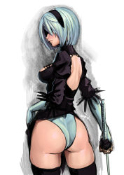 Rule 34 | 1girl, ass, backless outfit, black dress, black gloves, black thighhighs, blindfold, blue leotard, breasts, brown thighhighs, cowboy shot, dress, gloves, hairband, lasterk, leotard, mole, mole under mouth, nier (series), nier:automata, short hair, skindentation, skirt, solo, sword, thighhighs, thighs, weapon, white gloves, white hair, 2b (nier:automata)