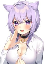 Rule 34 | 1girl, :3, ahoge, animal collar, animal ear fluff, animal ears, bad id, bad twitter id, blush, breasts, cat ears, cleavage, clothes pull, collar, collarbone, crossed bangs, fang, hair between eyes, hand to own mouth, highres, hololive, large breasts, long hair, long sleeves, looking at viewer, medium hair, naked shirt, nekomata okayu, nekomata okayu (oversized shirt), open mouth, partially unbuttoned, purple eyes, purple hair, shirt, shirt pull, simple background, smile, solo, sugamo lain, upper body, very long hair, virtual youtuber, white background, white shirt, wing collar