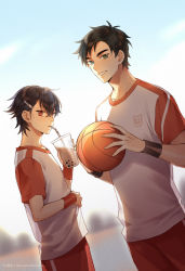 Rule 34 | 2boys, ball, baseball, basketball (object), blue sky, brown hair, closed mouth, day, dutch angle, from side, green eyes, hair ornament, hairclip, highres, holding, kangetsu (fhalei), looking at viewer, multiple boys, original, outdoors, pants, red eyes, shirt, signature, sky, smile, standing, sweat, white shirt, wristband