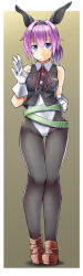Rule 34 | 1girl, absurdres, adapted costume, alto-00, animal ears, aqua eyes, belt, black pantyhose, breasts, brown background, brown footwear, detached collar, fake animal ears, gloves, gluteal fold, grey vest, highres, kantai collection, leotard, looking at viewer, neck ribbon, pantyhose, pink hair, playboy bunny, ponytail, rabbit ears, red ribbon, ribbon, rudder footwear, shiranui (kancolle), shoes, short hair, short ponytail, shorts, small breasts, smile, solo, standing, vest, white gloves, white leotard