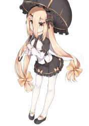 Rule 34 | 1girl, absurdres, bad id, bad pixiv id, black bow, black footwear, black hairband, black skirt, black umbrella, blonde hair, blush, bow, commentary request, copyright request, covered mouth, ears visible through hair, frilled hairband, frilled skirt, frilled umbrella, frills, full body, fuyuki030, hair between eyes, hair bow, hair ornament, hairband, hairclip, highres, holding, holding umbrella, long hair, looking at viewer, orange bow, pantyhose, puffy short sleeves, puffy sleeves, shirt, shoes, short sleeves, simple background, skirt, solo, standing, umbrella, very long hair, virtual youtuber, white background, white pantyhose, white shirt