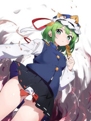 Rule 34 | 1girl, black skirt, blue hat, blue vest, blush, chikuzen1996, closed mouth, cowboy shot, frilled hat, frills, gluteal fold, green eyes, green hair, hat, highres, long sleeves, looking at viewer, pleated skirt, rod of remorse, shiki eiki, shirt, short hair, skirt, solo, touhou, vest, white shirt