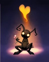 Rule 34 | 2012, commentary, dark, english commentary, flower, heart, heartless, holding, holding flower, kingdom hearts, light, looking at viewer, no humans, sitting, solo, yellow eyes