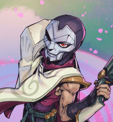 Rule 34 | 1boy, bullet, gloves, gun, holding, holding gun, holding weapon, jhin, league of legends, looking at viewer, male focus, mask, muscular, muscular male, petals, phantom ix row, pink background, red eyes, solo, weapon