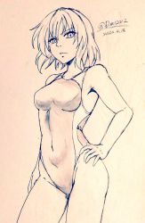 Rule 34 | 1girl, alternate costume, bare legs, breasts, closed mouth, commentary request, competition swimsuit, covered navel, cowboy shot, d-m (dii emu), eyelashes, greyscale, kazami yuuka, looking at viewer, medium breasts, monochrome, one-piece swimsuit, open mouth, short hair, signature, sketch, swimsuit, touhou, traditional media