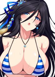 Rule 34 | 1girl, bare shoulders, bikini, black hair, blue bikini, blue eyes, blush, brave girl ravens, breasts, cleavage, collarbone, commentary, copyright name, earrings, hair between eyes, hair ornament, horosuke, huge breasts, jewelry, long hair, looking at viewer, necklace, open mouth, shaomei (brave girl ravens), sidelocks, simple background, solo, striped bikini, striped clothes, swimsuit, tassel, very long hair, white background
