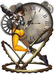 Rule 34 | 1girl, ass, bodysuit, bomber jacket, breasts, brown eyes, brown gloves, brown hair, brown jacket, chest harness, clock, clockwork, cross-laced clothes, cross-laced legwear, dual wielding, emblem, from behind, gears, gloves, goggles, gun, handgun, harness, holding, holding gun, holding weapon, jacket, kaorihero, leather, leather jacket, logo, looking at viewer, looking back, open mouth, outstretched arms, overwatch, overwatch 1, pants, pistol, roman numeral, shoes, short hair, short sleeves, sleeves rolled up, smile, soles, solo, spiked hair, swept bangs, thigh strap, thighs, tight clothes, tight pants, tracer (overwatch), vambraces, weapon, white background