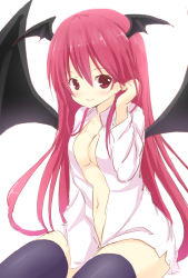 Rule 34 | 1girl, bad id, bad pixiv id, black thighhighs, breasts, cleavage, demon wings, hakuto (28syuku), head wings, koakuma, long hair, naked shirt, navel, open clothes, open shirt, red eyes, red hair, shirt, solo, thighhighs, touhou, wings