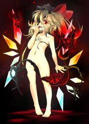 Rule 34 | 1girl, :p, bad id, bad pixiv id, barefoot, blonde hair, blood, bow, bug, butterfly, censored, convenient censoring, demon girl, embodiment of scarlet devil, eyepatch, female focus, fingernails, flandre scarlet, flat chest, full body, hair bow, hair censor, hat, highres, insect, kotomuke fuurin, laevatein, licking, long fingernails, long hair, looking at viewer, naughty face, navel, nude, pointy ears, ponytail, red eyes, short hair, side ponytail, solo, standing, tongue, tongue out, touhou, vampire, wings