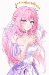 Rule 34 | 1girl, bare shoulders, blue eyes, breasts, cleavage, closed mouth, dress, elf, elysia (honkai impact), gloves, hair ornament, halo, head wings, highres, honkai (series), honkai impact 3rd, large breasts, long hair, looking at viewer, nami (tznami), pink hair, pointy ears, smile, solo, very long hair, white background, wings