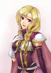 Rule 34 | 1girl, arm warmers, armor, asymmetrical bangs, blonde hair, braid, breasts, cape, cowboy shot, dress, fire emblem, fire emblem: the blazing blade, gloves, gradient background, hand on own chest, hazuki (nyorosuke), long hair, looking at viewer, louise, medium breasts, nintendo, open mouth, purple background, purple eyes, shoulder armor, simple background, smile, solo, sparkle, white gloves
