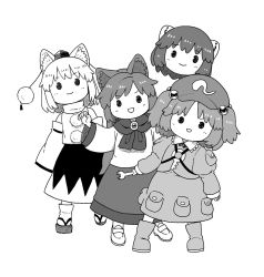 Rule 34 | 4girls, :d, animal ear fluff, animal ears, boots, bow, closed mouth, detached sleeves, disembodied head, flat cap, full body, greyscale, hair bobbles, hair bow, hair ornament, hat, holding, holding wrench, imaizumi kagerou, inubashiri momiji, kawashiro nitori, key, long hair, looking at viewer, monochrome, multiple girls, open mouth, pocket, pom pom (clothes), poronegi, rubber boots, sekibanki, shirt, short hair, simple background, skirt, smile, tokin hat, touhou, two side up, wide sleeves, wolf ears, wolf girl, wrench