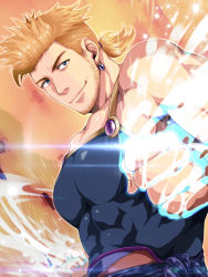 Rule 34 | 1boy, abs, absurdres, beard, blonde hair, blue eyes, clenched hand, earrings, facial hair, final fantasy, final fantasy vi, glowing, glowing fist, glowing hand, highres, jewelry, large pectorals, looking at viewer, sabin rene figaro, muscular, muscular male, nura, pectorals, shirt, short ponytail, sleeveless, sleeveless shirt, smile, spiked hair, stubble