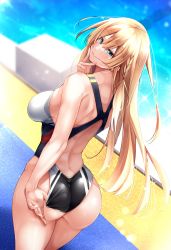 Rule 34 | 1girl, absurdres, adjusting clothes, adjusting swimsuit, ass, azur lane, back, back focus, blonde hair, blue eyes, blush, breasts, commentary request, competition swimsuit, highleg, highres, kongou (azur lane), long hair, looking at viewer, looking back, one-piece swimsuit, oriue wato, sideboob, smile, solo, swimsuit, wedgie