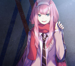 Rule 34 | 10s, 1girl, aqua eyes, arm up, bad id, bad pixiv id, bag, black necktie, chromatic aberration, darling in the franxx, enpera, eyeshadow, hairband, horns, long hair, long sleeves, looking at viewer, makeup, nagu, necktie, partially opened mouth, pink hair, red scarf, scarf, school bag, school uniform, sidelocks, smile, solo, upper body, white hairband, zero two (darling in the franxx)