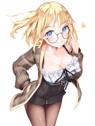 Rule 34 | 1girl, black-framed eyewear, black skirt, blonde hair, blush, breasts, brown coat, brown pantyhose, cleavage, coat, collarbone, earrings, frilled shirt, frills, glasses, hair ornament, hairclip, hand up, heart, heart earrings, high-waist skirt, highres, hololive, hololive english, jewelry, long hair, long sleeves, looking at viewer, medium breasts, mogmog, one side up, open clothes, open coat, pantyhose, parted lips, plaid, plaid coat, round eyewear, shirt, simple background, skirt, smile, solo, v, virtual youtuber, watson amelia, watson amelia (street casual), white background, white shirt, x hair ornament, zipper pull tab