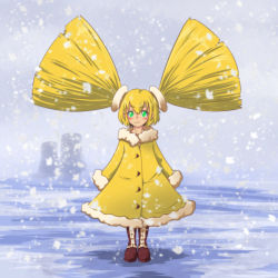 Rule 34 | 1girl, alteigramme, blonde hair, glowing, glowing eyes, green eyes, highres, nuclear powerplant, nuclear winter, original, personification, radiation, radiation symbol, radioactive, short twintails, snow, snowing, solo, twintails, winter, winter clothes, yellow theme
