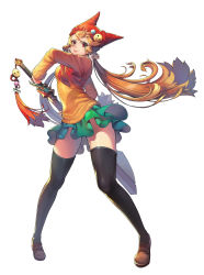 Rule 34 | 1girl, absurdres, animal hat, black thighhighs, brown footwear, buttons, cat hat, dice hair ornament, full body, green skirt, hair ornament, hat, highres, long hair, looking at viewer, pin, red eyes, ribbed sweater, shoes, skirt, solo, standing, sweater, sword, thighhighs, twintails, very long hair, weapon, yeonjun park