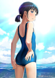 Rule 34 | 1girl, adjusting clothes, adjusting swimsuit, ass, black hair, blue eyes, blue one-piece swimsuit, blue sky, blush, cloud, commentary request, cowboy shot, day, flat chest, from behind, hiyori mizuki, horizon, looking at viewer, looking back, one-piece swimsuit, original, outdoors, parted lips, school swimsuit, short hair, short twintails, sky, solo, swimsuit, twintails, water