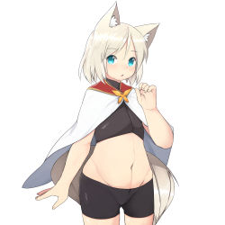 Rule 34 | 1girl, akitaka (mcdonnell-douglas), animal ears, bad id, bad pixiv id, belly, bike shorts, blonde hair, blue eyes, blush, cape, chestnut mouth, cowboy shot, flat chest, highres, midriff, navel, original, short hair, solo, standing, tail, wide hips