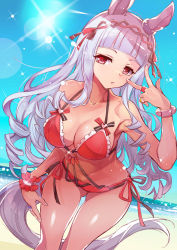 Rule 34 | 1girl, alternate costume, animal ears, bare shoulders, beach, bikini, blunt bangs, bracelet, breasts, cleavage, closed mouth, diffraction spikes, feet out of frame, gold ship (umamusume), grey hair, hair ornament, halterneck, highres, horizon, horse ears, horse girl, horse tail, jewelry, large breasts, long hair, looking at viewer, mimishiky, navel, outdoors, red bikini, red eyes, ring, sand, side-tie bikini bottom, solo, standing, sun, swimsuit, tail, umamusume, v over eye, water