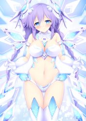 Rule 34 | 1girl, absurdres, bare shoulders, blue eyes, blush, braid, breasts, choujigen game neptune the animation, cleavage, detached collar, elbow gloves, gloves, hair ornament, highres, katubusi kisimen, large breasts, long hair, looking at viewer, navel, neptune (series), power symbol, power symbol-shaped pupils, purple hair, purple heart (neptunia), revealing clothes, skindentation, smile, solo, symbol-shaped pupils, thighhighs, twin braids, very long hair, white gloves, white thighhighs, wings