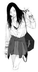 Rule 34 | 1girl, absurdres, bag, blush, bra, bracelet, breast pocket, clothes around waist, cropped legs, cross, cross necklace, greyscale, highres, jacket, jacket around waist, jewelry, long hair, long sleeves, looking at viewer, monochrome, nail polish, necklace, original, parted lips, pleated skirt, pocket, ring, school bag, school uniform, shirt, shoulder bag, simple background, skirt, smile, solo, standing, underwear, vice (kuronekohadokoheiku), white background