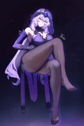 Rule 34 | 1girl, absurdres, bare shoulders, barefoot, black gloves, black pantyhose, black swan (honkai: star rail), breasts, cleavage, commentary request, crossed legs, dress, elbow gloves, gloves, highres, honkai: star rail, honkai (series), large breasts, long hair, looking at viewer, no shoes, pantyhose, purple dress, purple hair, sitting, sleeveless, sleeveless dress, smile, solo, thick thighs, thighs, tierla, veil, very long hair