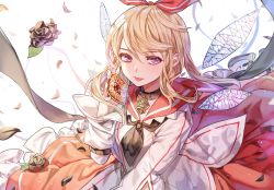 Rule 34 | 1girl, bell, neck bell, blonde hair, collar, fairy, fairy wings, flower, kim eb, long hair, original, purple eyes, sailor collar, solo, tongue, tongue out, wings