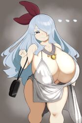 Rule 34 | ass, bad link, blue hair, breasts, dress, english text, gigantic breasts, highres, huge ass, open clothes, thighhighs, torn clothes, vammzu