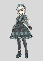 Rule 34 | 10s, 1girl, adapted costume, alternate costume, bow, dress, fingerless gloves, garrison cap, gloves, hat, highres, kantai collection, light brown hair, long hair, looking at viewer, north abyssor, pantyhose, simple background, sketch, solo, striped clothes, striped dress, u-511 (kancolle)