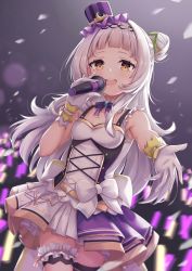 Rule 34 | 1girl, absurdres, alternate costume, arata (xin), armpits, blunt bangs, bow, breasts, dress, frills, gloves, glowstick, hair bun, hair ornament, hairband, hand up, hat, highres, holding, holding microphone, hololive, hololive idol uniform, idol, idol clothes, long hair, microphone, murasaki shion, music, official alternate costume, open mouth, sidelocks, silver hair, singing, single hair bun, skirt, small breasts, teeth, thigh strap, upper teeth only, virtual youtuber, white bow, white gloves, yellow eyes