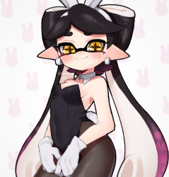 Rule 34 | + +, 1girl, alternate costume, animal ears, bad id, bad pixiv id, black hair, black pantyhose, breasts, busujima funya, callie (splatoon), closed mouth, collar, commentary, cowboy shot, detached collar, earrings, fake animal ears, gloves, gradient hair, highres, inkling, jewelry, leotard, long hair, looking at viewer, mask, mole, mole under eye, multicolored hair, nintendo, pantyhose, playboy bunny, pointy ears, purple hair, rabbit background, rabbit ears, small breasts, smile, solo, standing, swept bangs, tentacle hair, twitter username, very long hair, white collar, white gloves, wing collar, yellow eyes