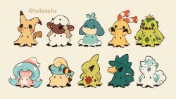 Rule 34 | alolan form, alolan vulpix, artist name, cacnea, character print, chingling, commentary, creature, creatures (company), disguise, english commentary, game freak, gen 2 pokemon, gen 3 pokemon, gen 4 pokemon, gen 7 pokemon, gen 8 pokemon, hattrem, larvitar, mareep, mimikyu, murkrow, nintendo, no humans, pokemon, pokemon (creature), simple background, standing, teletelo, wailmer, watermark, wooloo
