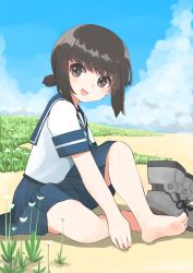 Rule 34 | 1girl, barefoot, black eyes, black hair, blue sailor collar, blue skirt, blue sky, cloud, commentary request, day, fubuki (kancolle), full body, grass, highres, kantai collection, looking at viewer, low ponytail, outdoors, pleated skirt, ponytail, sailor collar, school uniform, serafuku, short ponytail, sidelocks, sitting, skirt, sky, solo, toplow