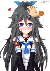 Rule 34 | 1girl, bare shoulders, black hair, blue neckerchief, blue ribbon, blush, closed mouth, cosplay, detached sleeves, disembodied limb, dorei to no seikatsu ~teaching feeling~, hair between eyes, hair flaps, hair ornament, hair ribbon, hairclip, hand on another&#039;s head, head pat, headpat, heart, heart-shaped pupils, high ponytail, highres, kantai collection, long hair, looking at viewer, motion lines, neckerchief, nose blush, parted bangs, ponytail, purple eyes, ribbon, rocky0206, scar, scar on face, school uniform, serafuku, signature, simple background, smile, solo focus, sylvie (dorei to no seikatsu), symbol-shaped pupils, upper body, v arms, white background, yamakaze (kancolle), yamakaze (kancolle) (cosplay)